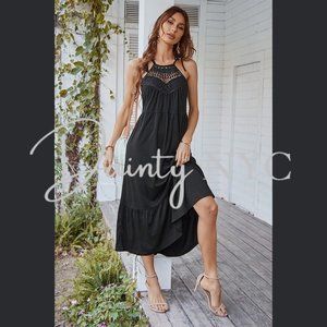 Delicate Crochet Bow Strap Ruffle Tier Dress